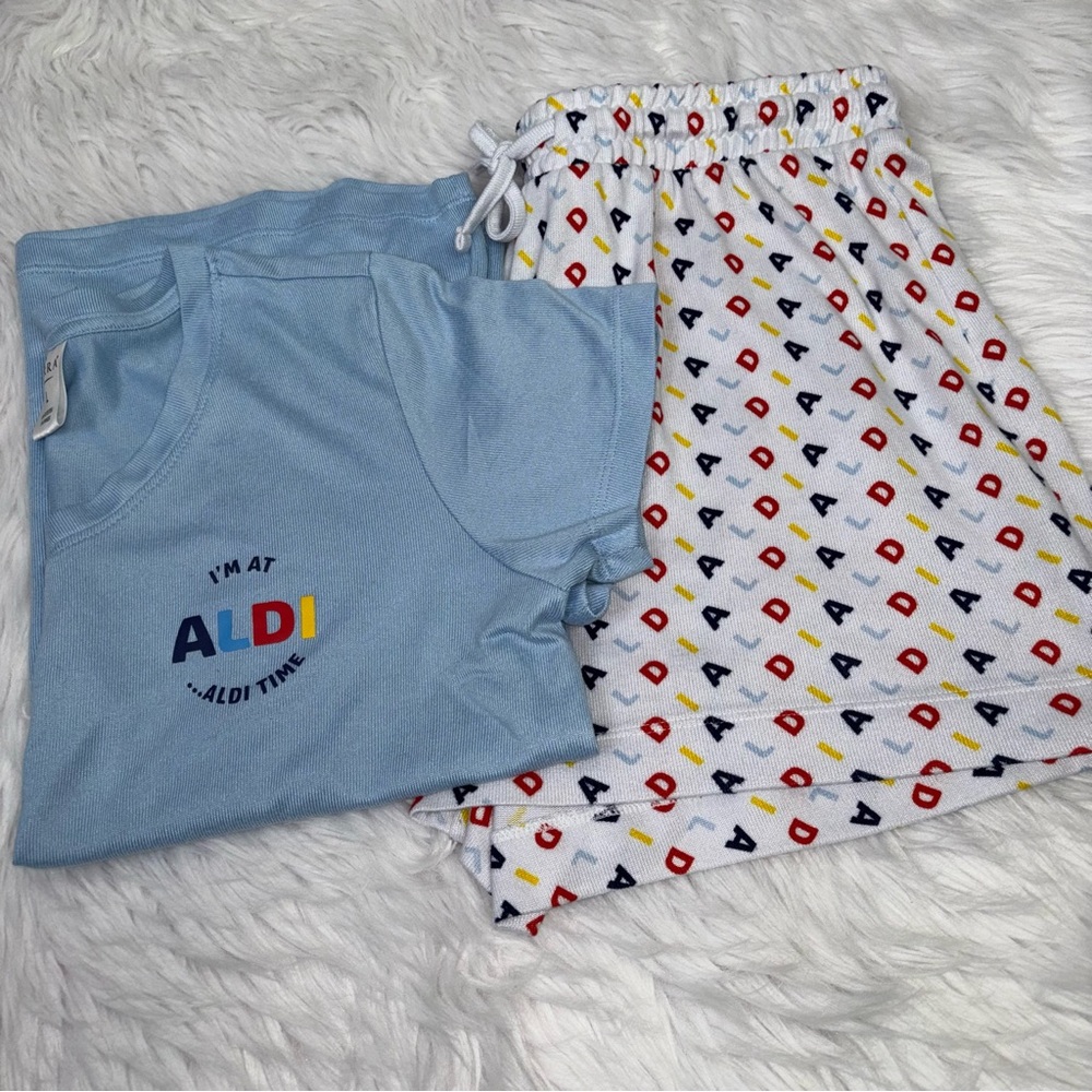 ALDI Pajama Set ~ Women’s Large ~ Serra Brand ~ Shorts & T-Shirt ~ Blue White